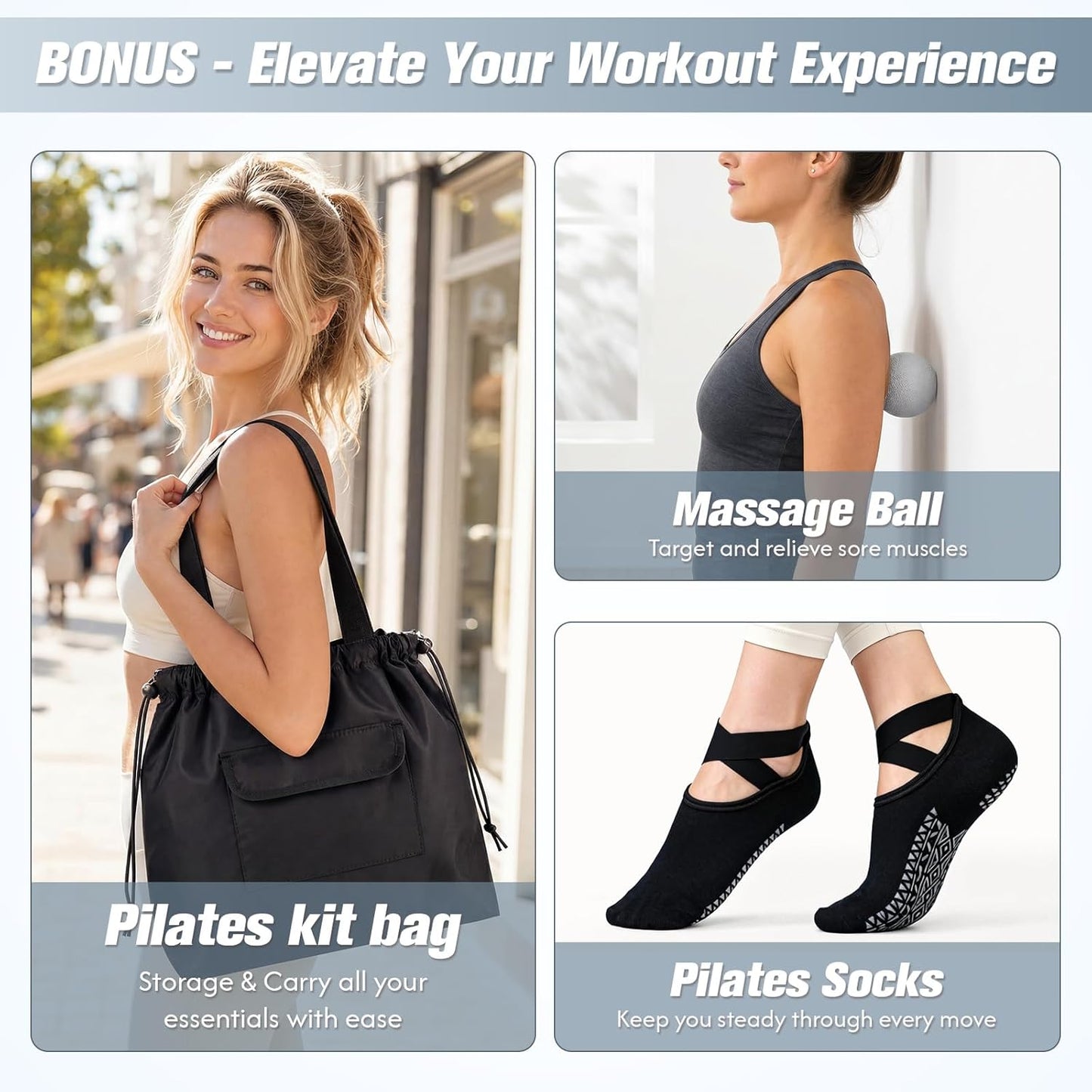 Pilates Kit, Pilates Equipment for Home Workouts, at Home Pilates Set with Complete Accessories: Pilates Ring, Pilates Ball, Long and Loop Resistance Bands, Socks, Massage Ball, Guide & Bag