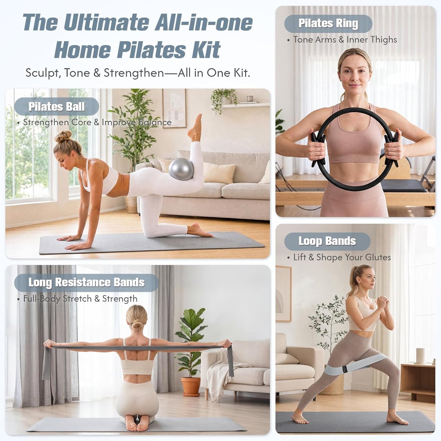 Pilates Kit, Pilates Equipment for Home Workouts, at Home Pilates Set with Complete Accessories: Pilates Ring, Pilates Ball, Long and Loop Resistance Bands, Socks, Massage Ball, Guide & Bag