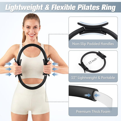 Pilates Kit, Pilates Equipment for Home Workouts, at Home Pilates Set with Complete Accessories: Pilates Ring, Pilates Ball, Long and Loop Resistance Bands, Socks, Massage Ball, Guide & Bag